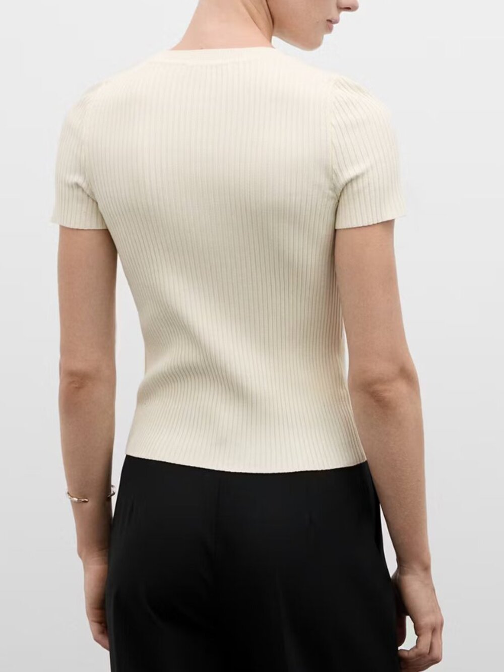 Mango Short-Sleeved Ribbed Sweater with Buttons Cream M - Picture 2 of 6